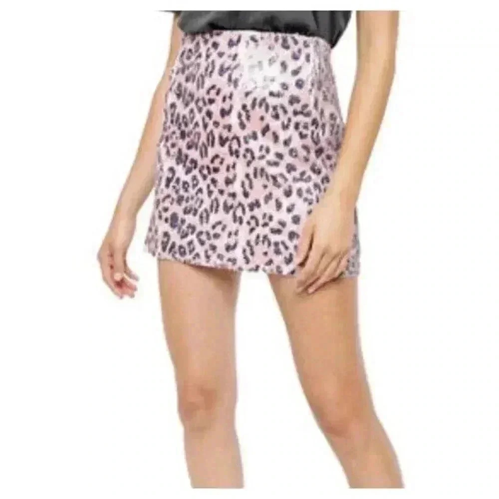 Free People Womens Mini Skirt Pink Size 0 Sequin Leopard Pleather-Lined NEW.  78